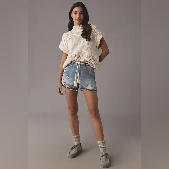 Anthropologie Pilcro Distressed Blue Jean Shorts with Embroidered Hem - Picture 3 of 13
